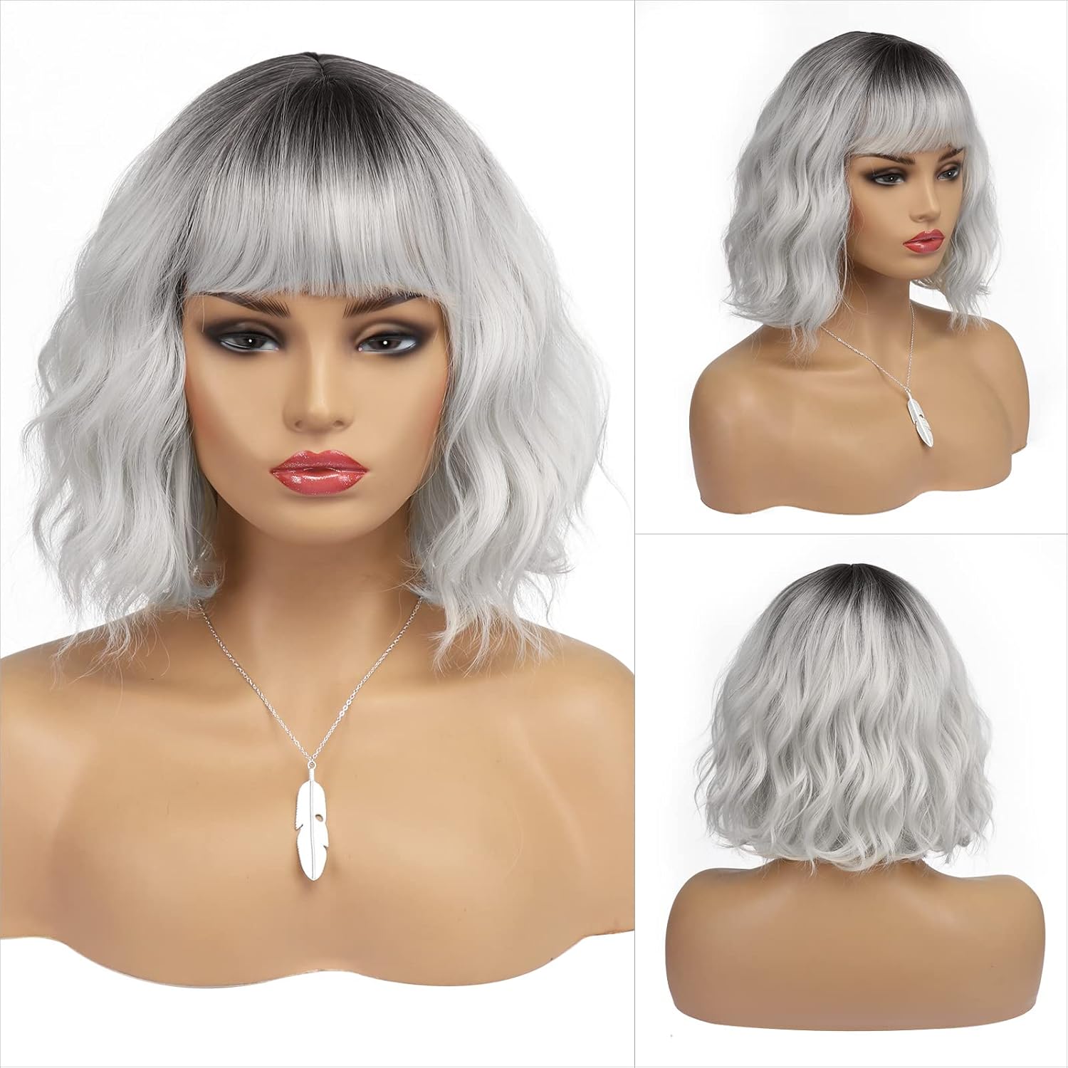 Kurze blonde Perücke für Frauen, natürliches Kunsthaar, Ombre-Bob-Perücke mit ordentlichem Pony, dunklem Ansatz für Alltag/Party/Cosplay (10 Zoll, Blond)._voghion.com