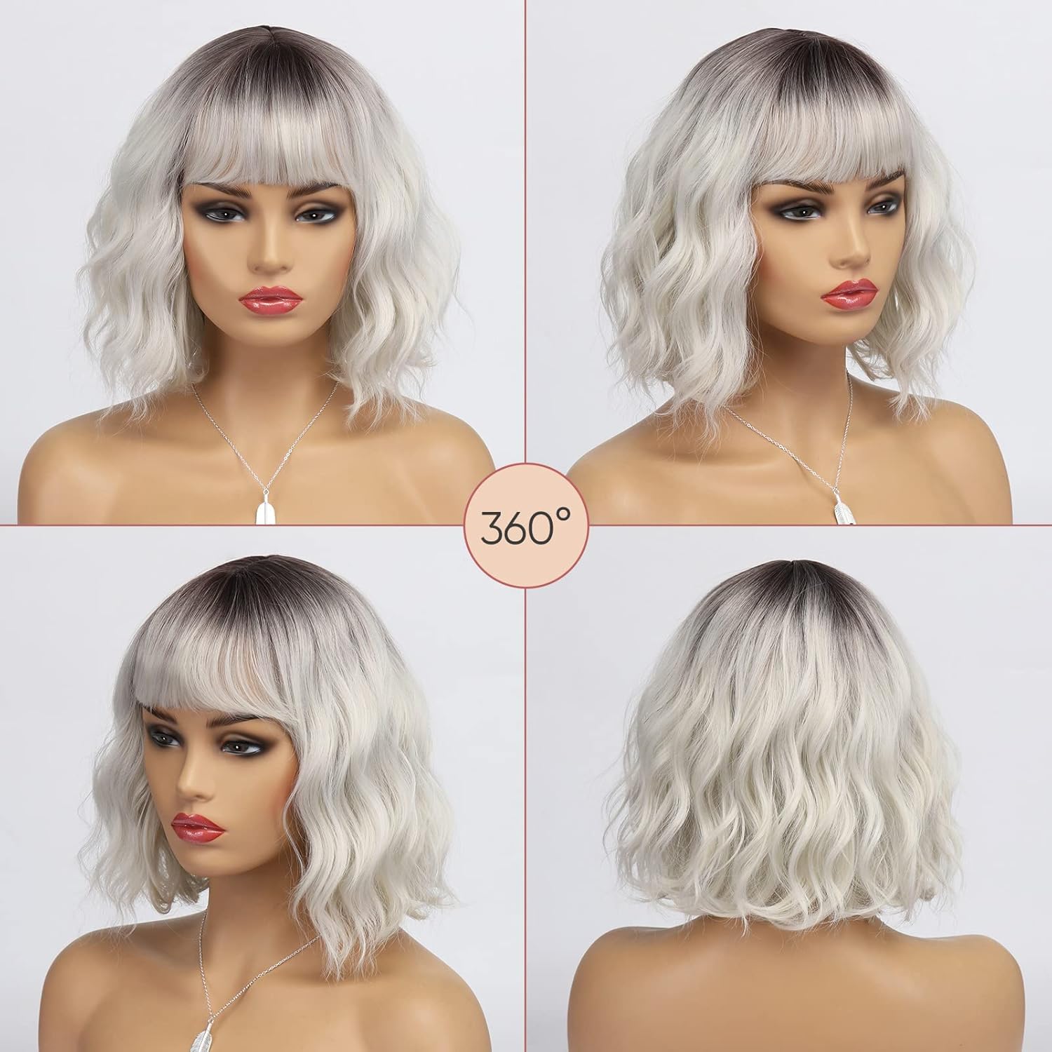 Kurze blonde Perücke für Frauen, natürliches Kunsthaar, Ombre-Bob-Perücke mit ordentlichem Pony, dunklem Ansatz für Alltag/Party/Cosplay (10 Zoll, Blond)._voghion.com