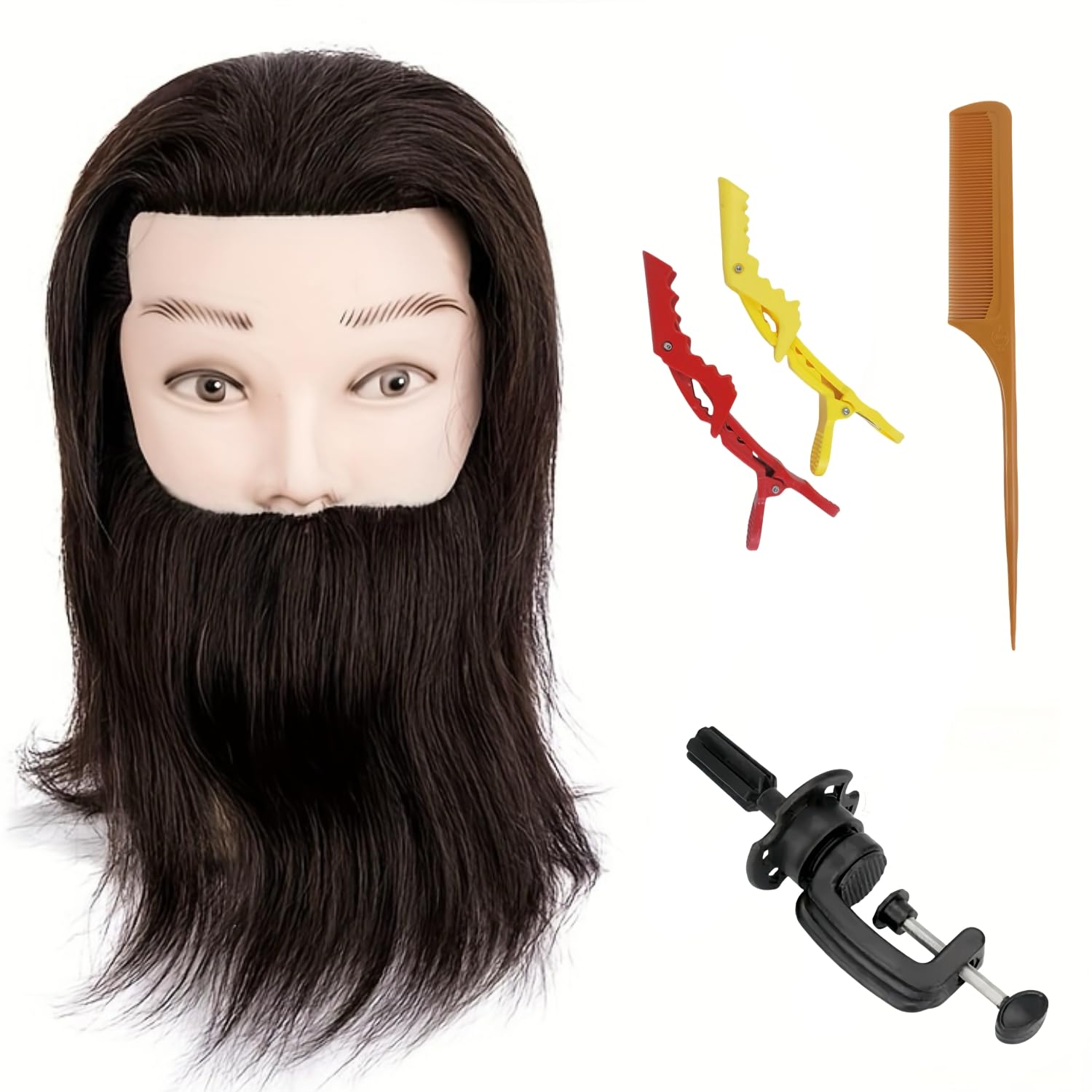 Übungskopf mit Echthaar, Kosmetikschüler-Übungskopf für Haarstyling & Friseur-Übungskopf (männlich) zum Üben von Haarschnitt und Barttrimmen_voghion.com