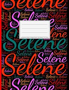Selene: College Ruled Composition Book, 200 pages, 7.44" x 9.69", white paper with light grey lines, Soft black cover filled with wordcloud made of ... colors and directions and a red spline.