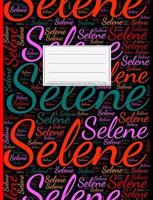 Selene: College Ruled Composition Book, 200 pages, 7.44" x 9.69", white paper with light grey lines, Soft black cover filled with wordcloud made of ... colors and directions and a red spline.