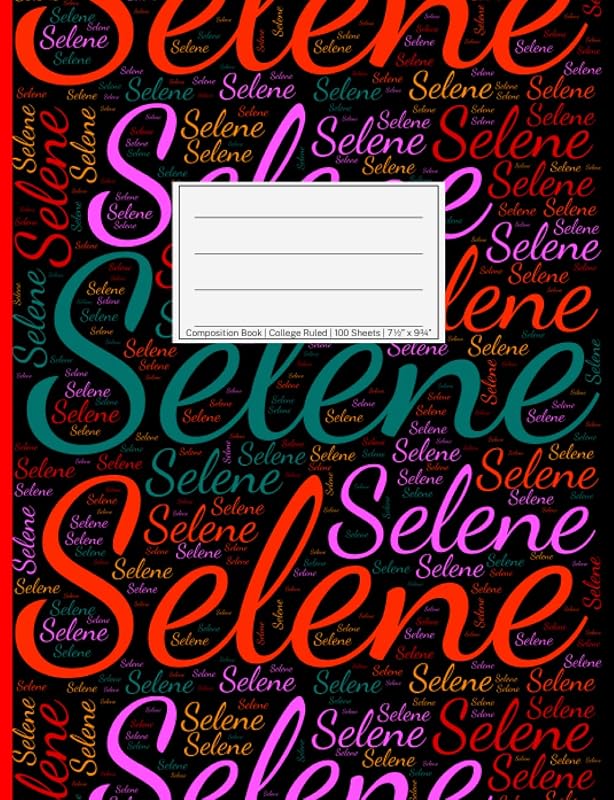 Selene: College Ruled Composition Book, 200 pages, 7.44" x 9.69", white paper with light grey lines, Soft black cover filled with wordcloud made of ... colors and directions and a red spline. by NWF Publishing