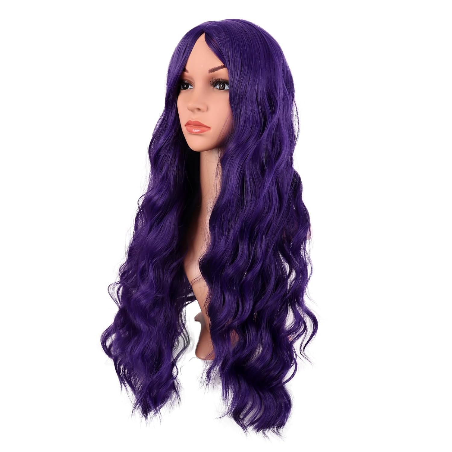MapofBeauty Parrucca da donna ondulata, lunga 70 cm (28 pollici), senza frangia, in fibra sintetica, riccia, alla moda, per feste e cosplay (viola scuro)_voghion.com