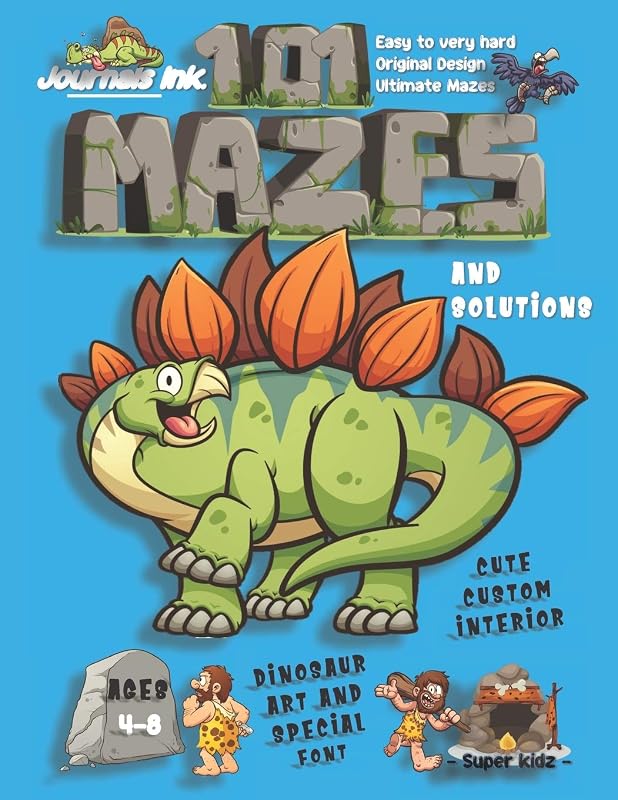 101 Mazes For Kids: SUPER KIDZ Book. Children - Ages 4-8 (US Edition). Cartoon Spike Smiling Dinosaur with custom art interior. 101 Puzzles w ... book for fun activity time! (Dinosaurs 19MD5) by Journals Ink.