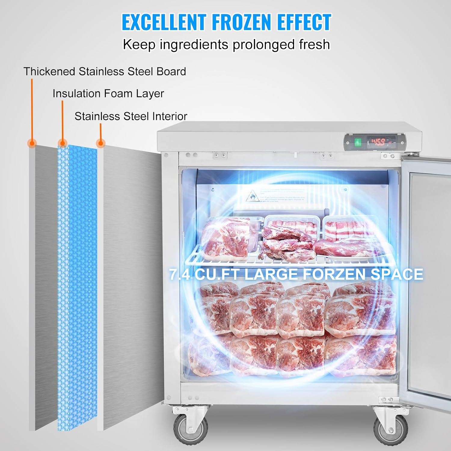 VEVOR Piano di lavoro per congelatore commerciale da 28" W, congelatori sottobanco da 7,4 piedi cubi con ruote, tavolo di preparazione per scongelamento a temperature comprese tra 0 e 8℉, porta singola in acciaio inox_voghion.com