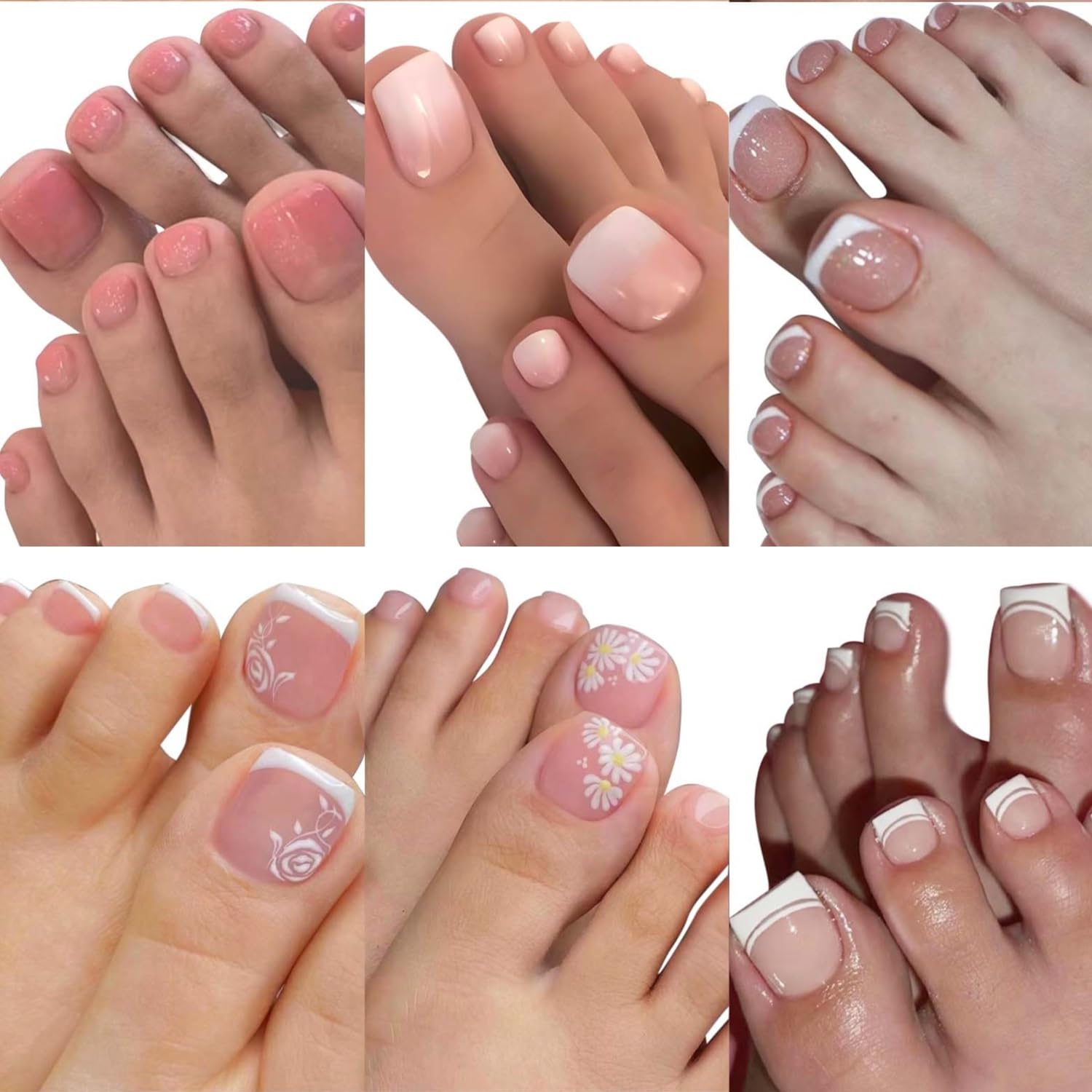 Verpakkingen van 6 stuks (144 stuks) vierkante plaknagels - korte en medium plaknagels - French tip nepnagels met bloemmotief - voor vrouwen - 12 maten - 6 stijlen_voghion.com