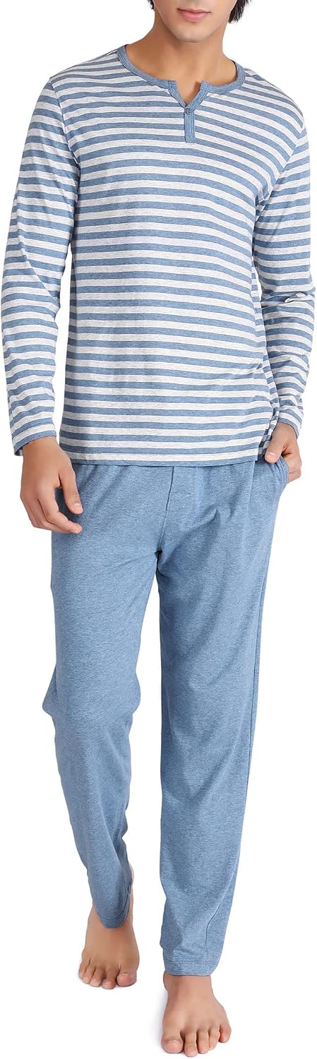 DAVID ARCHY Men's Pajamas Set 100% Combed Cotton Henley Loungewear Relaxed Fit Sleepwear With Pockets_voghion.com