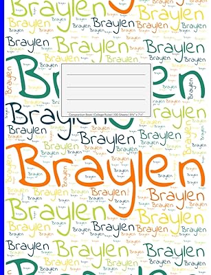 Braylen: College Ruled Composition Book, 200 pages, size 7.44" x 9.69", white paper with light grey lines, Soft white cover filled with wordcloud made ... colors and directions and a blue spline
