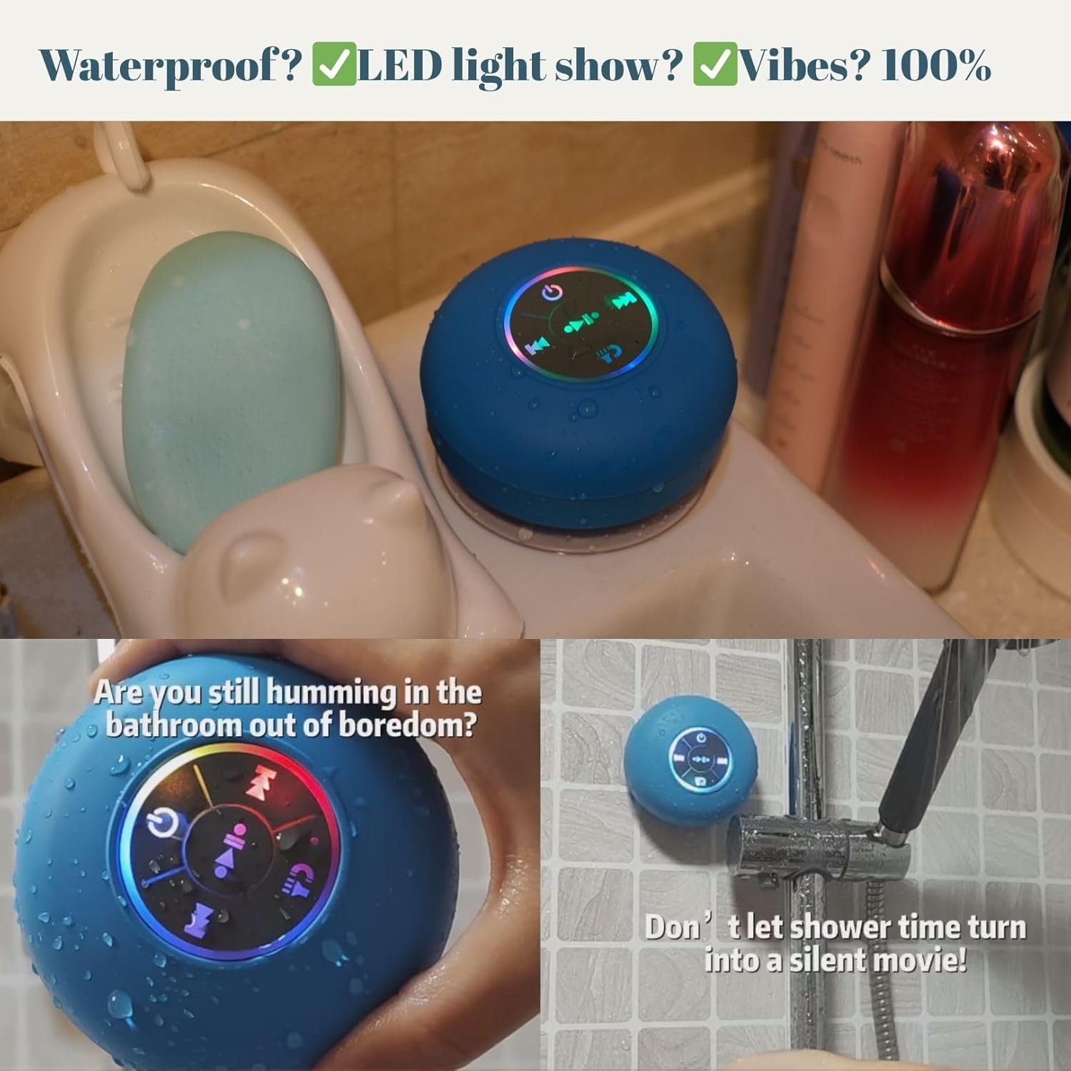 Bluetooth Shower Speaker With LED – Portable Wireless Mini Speaker With Mic & Suction Cup, IPX4 Water Resistant For Shower, Travel,Pool,River Floating_voghion.com