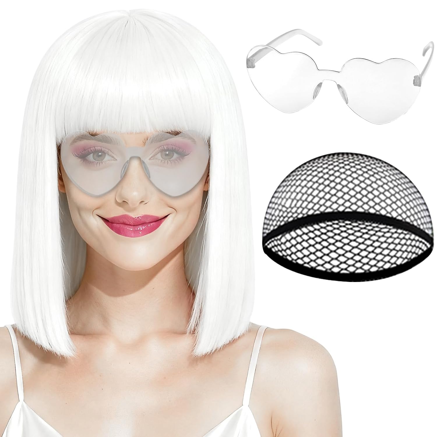 PLULON Weiße Bob-Perücke mit Pony, kurze, gerade Bob-Perücke mit Herz-Sonnenbrille, 30 cm schulterlang, hitzebeständiges Kunsthaar für Damen, natürlich_voghion.com