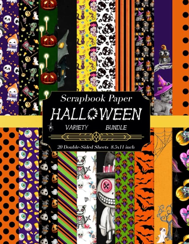 Scrapbook Paper Halloween Variety Bundle: 20 Spooky-Fun Double-Sided Sheets with Unique Designs: 8.5”x11” Scrapbooking Paper for Junk Journals, Decoupage, Collage & Beyond, Patterns & Backgrounds by Nola Lee Kelsey