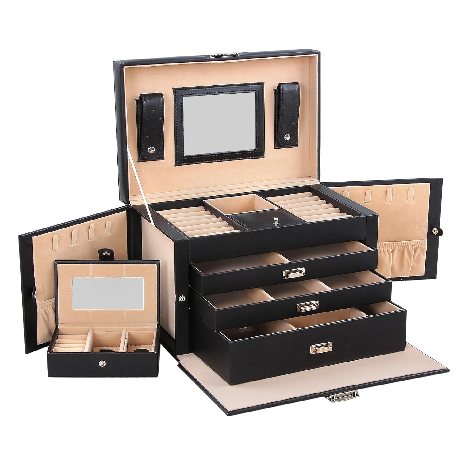 

Songmics Black Leather Jewelry Box Lockable Jewelry Case with Mirror and Storage Drawers