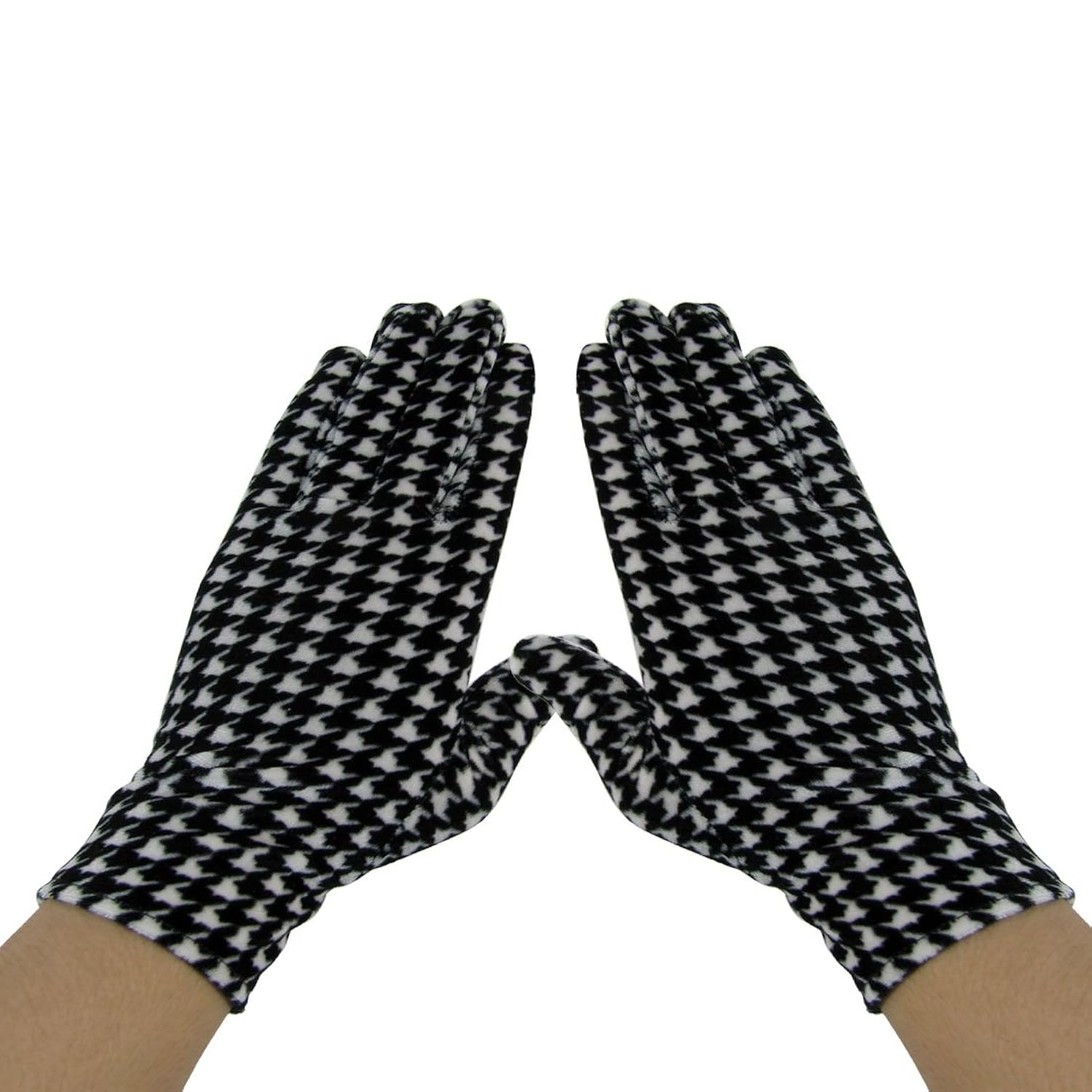

Ladies Pair Houndstooth Printed Full Fingers Warm Gloves Black White