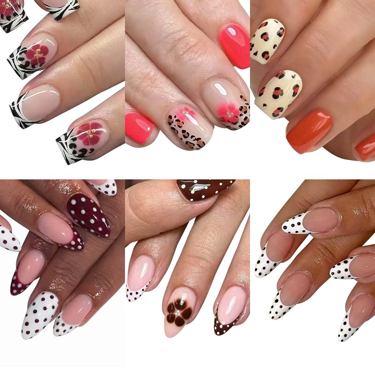 Verpakkingen van 6 stuks (144 stuks) vierkante plaknagels - korte en medium plaknagels - French tip nepnagels met bloemmotief - voor vrouwen - 12 maten - 6 stijlen_voghion.com
