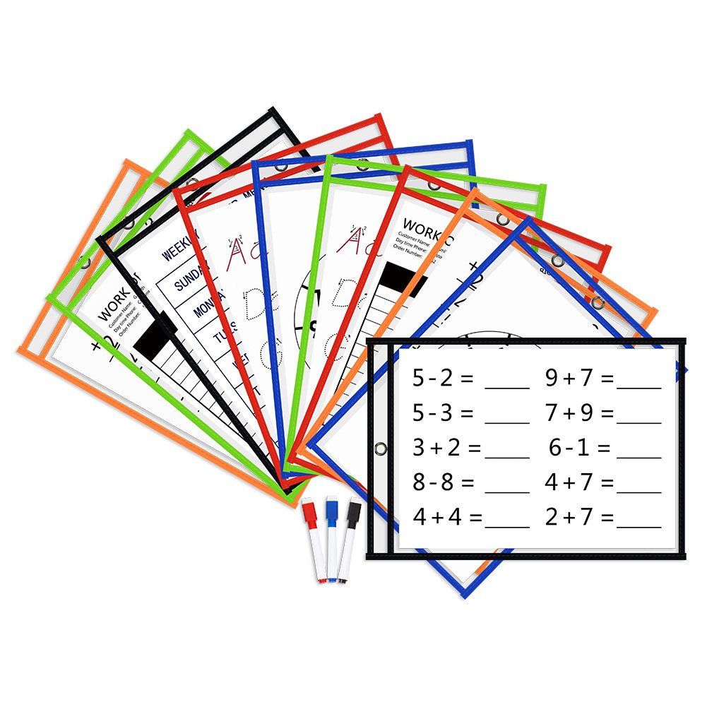 ZKOO Reusable Dry Erase Pockets with 3 Dry Erase pens, 13.5X 9.5 Inches, Perfect for Teacher, Student, and Office Worker use (10 Pack)
