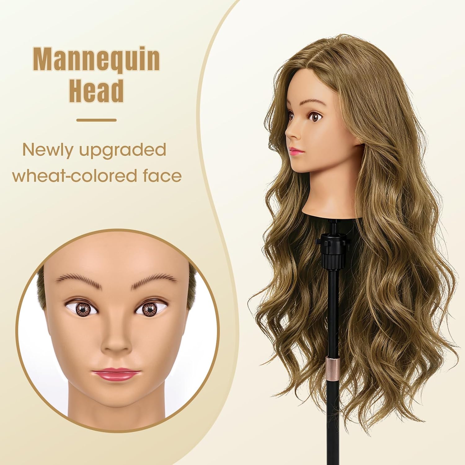 26" Mannequinhoofd van echt mensenhaar, 80% echt haar, voor cosmetologie, oefenpop voor het vlechten van haar en kapperswerk (lattebruin)_voghion.com