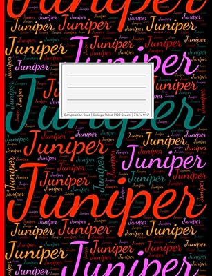 Juniper: College Ruled Composition Book, 200 pages, 7.44" x 9.69", white paper with light grey lines, Soft black cover filled with wordcloud made of ... colors and directions and a red spline.