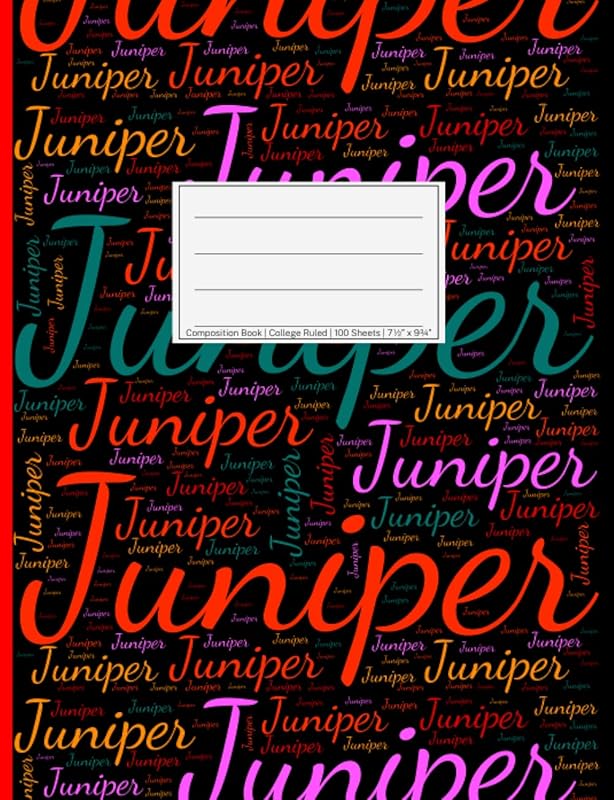 Juniper: College Ruled Composition Book, 200 pages, 7.44" x 9.69", white paper with light grey lines, Soft black cover filled with wordcloud made of ... colors and directions and a red spline. by NWF Publishing