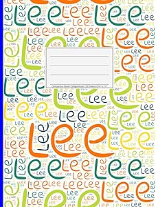 Lee: College Ruled Composition Book, 200 pages, size 7.44" x 9.69", white paper with light grey lines, Soft white cover filled with wordcloud made of ... colors and directions and a blue spline.