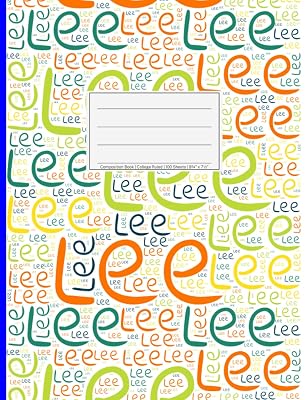 Lee: College Ruled Composition Book, 200 pages, size 7.44" x 9.69", white paper with light grey lines, Soft white cover filled with wordcloud made of ... colors and directions and a blue spline.