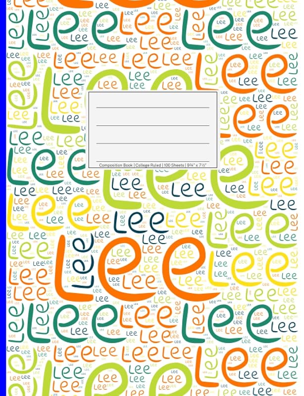 Lee: College Ruled Composition Book, 200 pages, size 7.44" x 9.69", white paper with light grey lines, Soft white cover filled with wordcloud made of ... colors and directions and a blue spline. by NWF Publishing