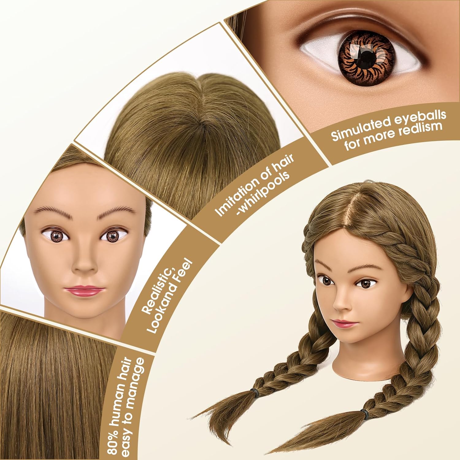 26" Mannequinhoofd van echt mensenhaar, 80% echt haar, voor cosmetologie, oefenpop voor het vlechten van haar en kapperswerk (lattebruin)_voghion.com