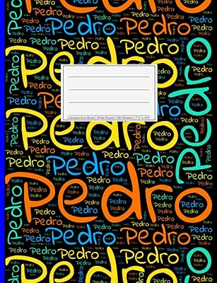 Pedro: Wide Ruled Composition Book, 200 pages, size 7.44" x 9.69", white paper with light grey lines, Soft black cover filled with wordcloud made of ... colors and directions and a blue spline.