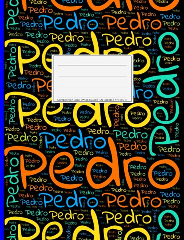 Pedro: Wide Ruled Composition Book, 200 pages, size 7.44" x 9.69", white paper with light grey lines, Soft black cover filled with wordcloud made of ... colors and directions and a blue spline. by NWF Publishing