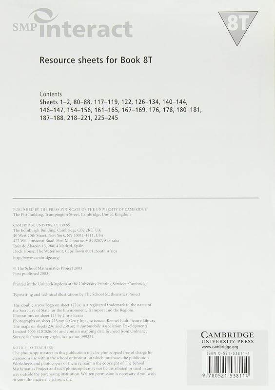 SMP Interact Resource Sheets for Books 8T: for the Mathematics Framework (SMP Interact for the Framework) by School Mathematics Project