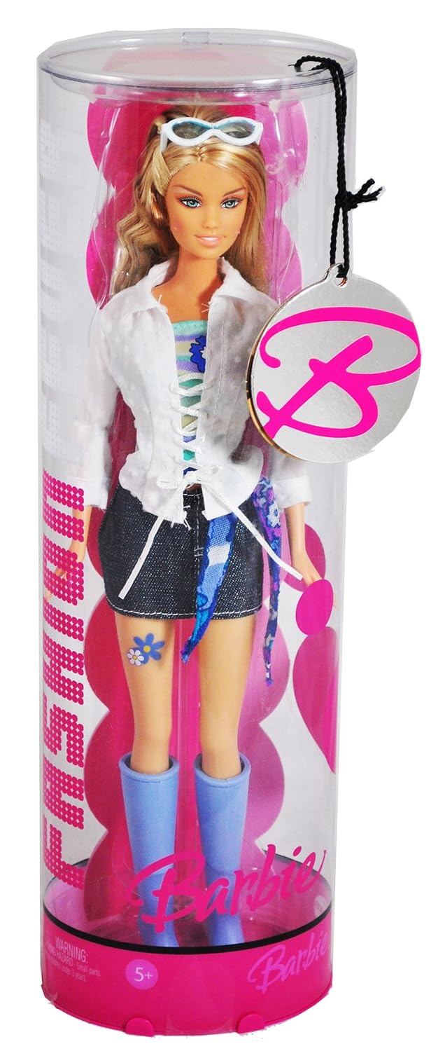 

Barbie Year 2006 Fashion Fever Series 12 Inch Doll - Barbie with Sunglasses, Lavender Boots, White Jacket and Blue Denim Skirt (J1408)