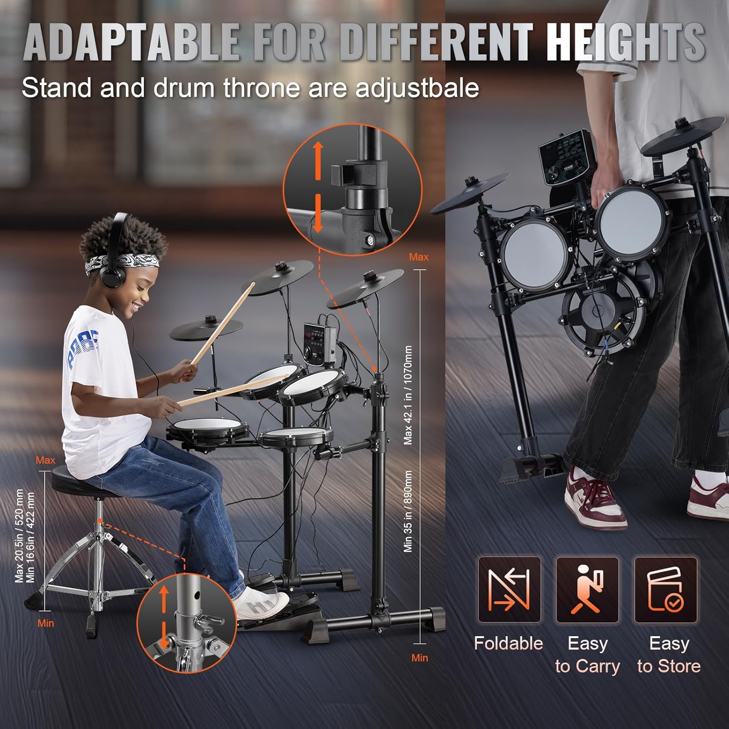 VEVOR Electric Drum Set, 15 Drum Kits & 150 Sounds, USB MIDI Supported, 8 In Quiet Mesh Snare, With Drum Sticks & Headphone, For Beginners & Adults_voghion.com