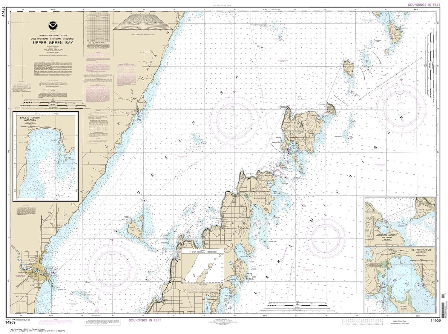 

NOAA Chart 14909: Upper Green Bay - Jackson Harbor and Detroit Harbor; Detroit Harbor; Jackson Harbor; Baileys Harbor, 35.4 X 47.4, TRADITIONAL PAPER