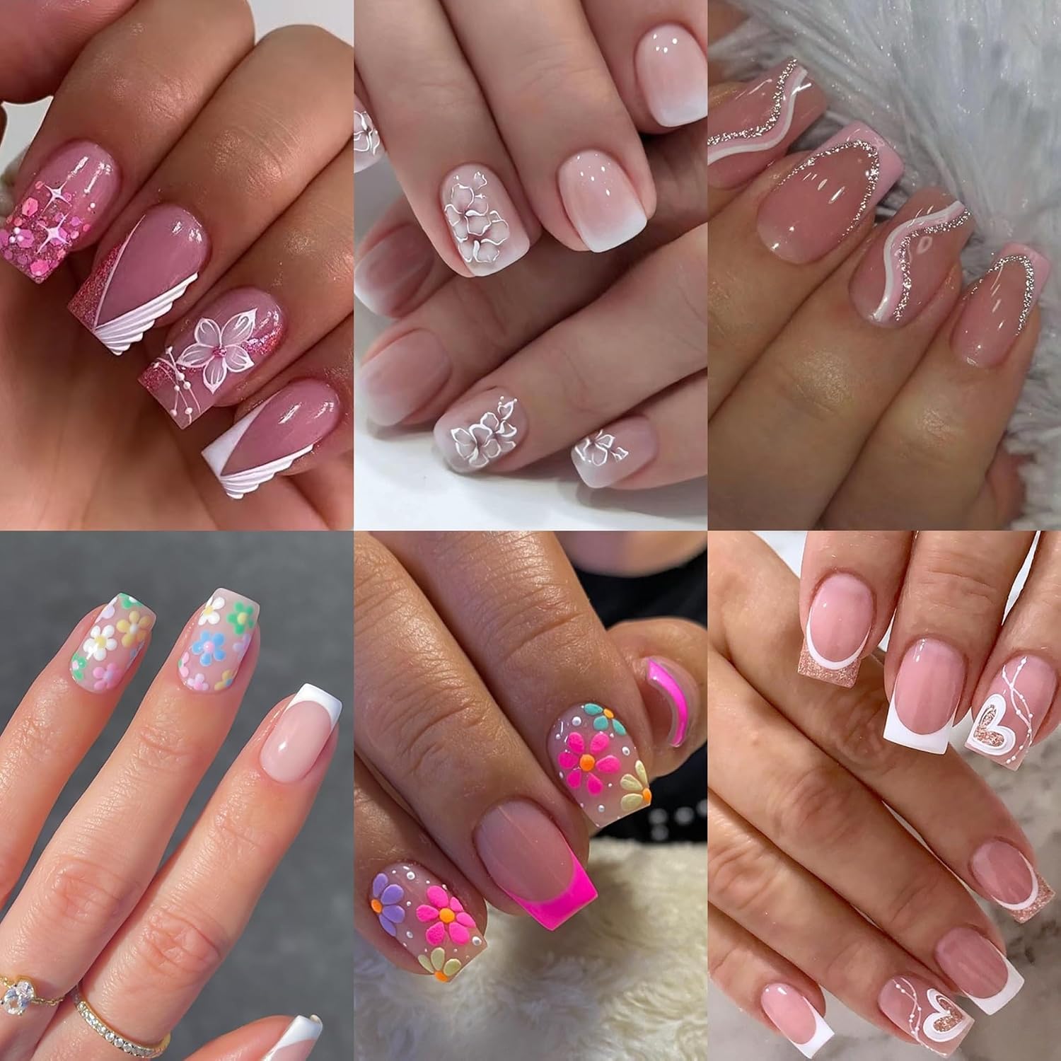 Verpakkingen van 6 stuks (144 stuks) vierkante plaknagels - korte en medium plaknagels - French tip nepnagels met bloemmotief - voor vrouwen - 12 maten - 6 stijlen_voghion.com