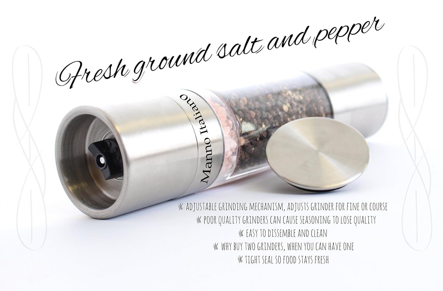 

Salt and Pepper Mill - Stainless Steel Shaker for Sea Salts and Peppercorns - Works with All Spices and Herbs