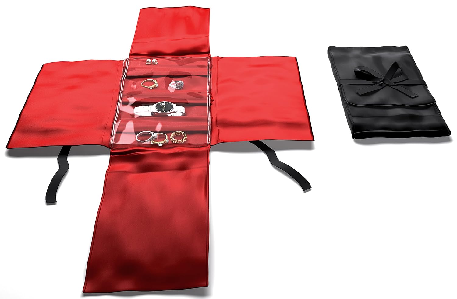 

Travel Jewelry Case Organizer Compact Roll Up Set of 2 Black and Red
