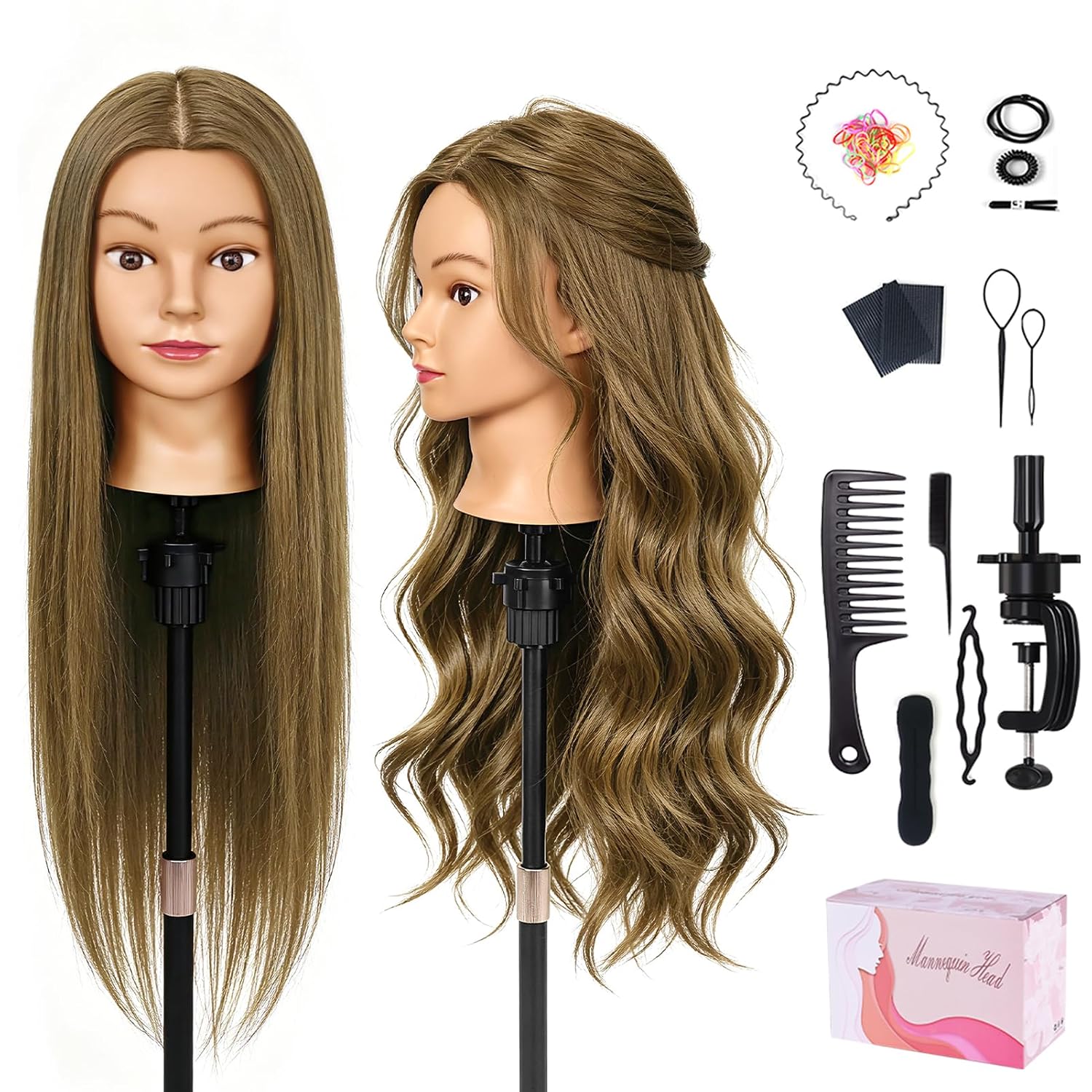 26" Mannequinhoofd van echt mensenhaar, 80% echt haar, voor cosmetologie, oefenpop voor het vlechten van haar en kapperswerk (lattebruin)_voghion.com