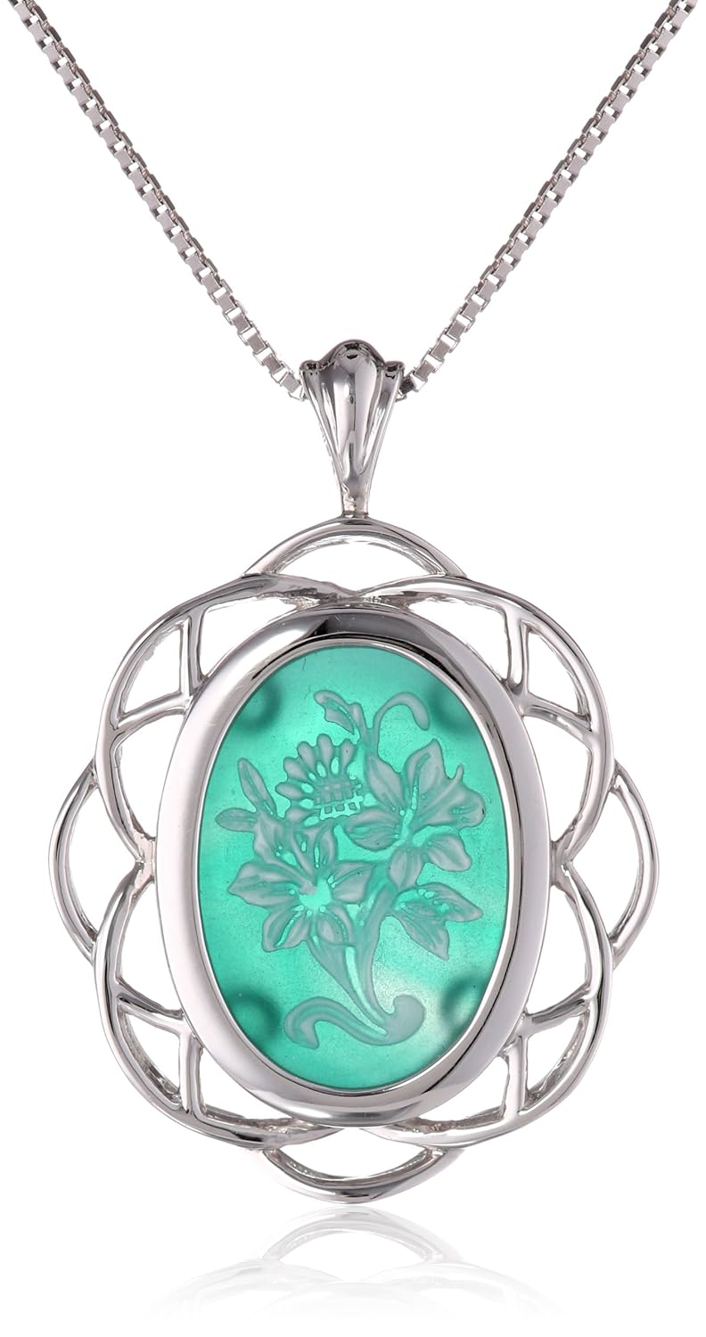纯银green agate花朵cameo吊坠项链18"