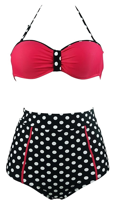 Cocoship Retro Polka Dot Vintage High Waisted 2 Pieces Rose Bikini Swimsuit XXL(FBA)
