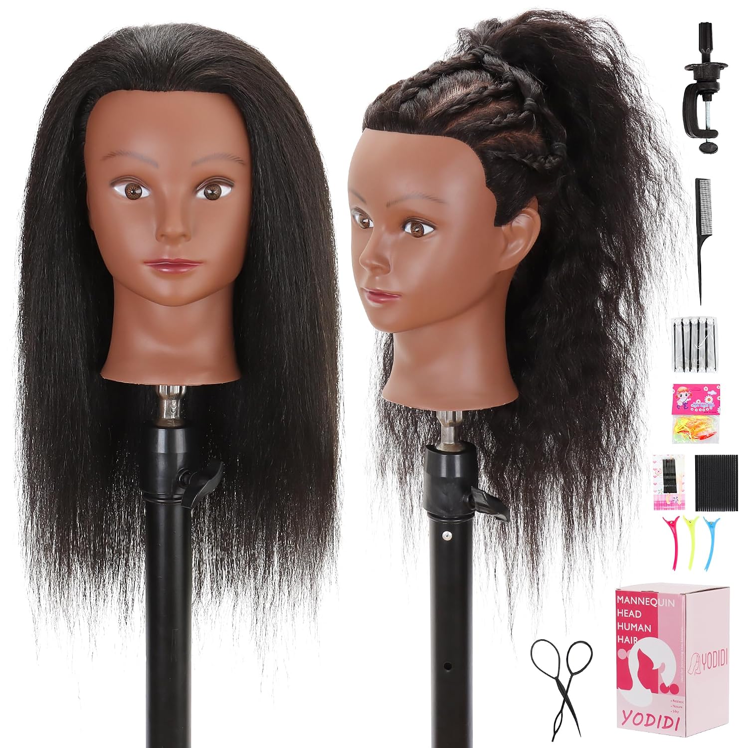 Übungskopf mit 100% Echthaar, Übungskopf aus Echthaar für Friseursalons, zum Üben von Flechtfrisuren mit Tisch (16 Zoll)_voghion.com