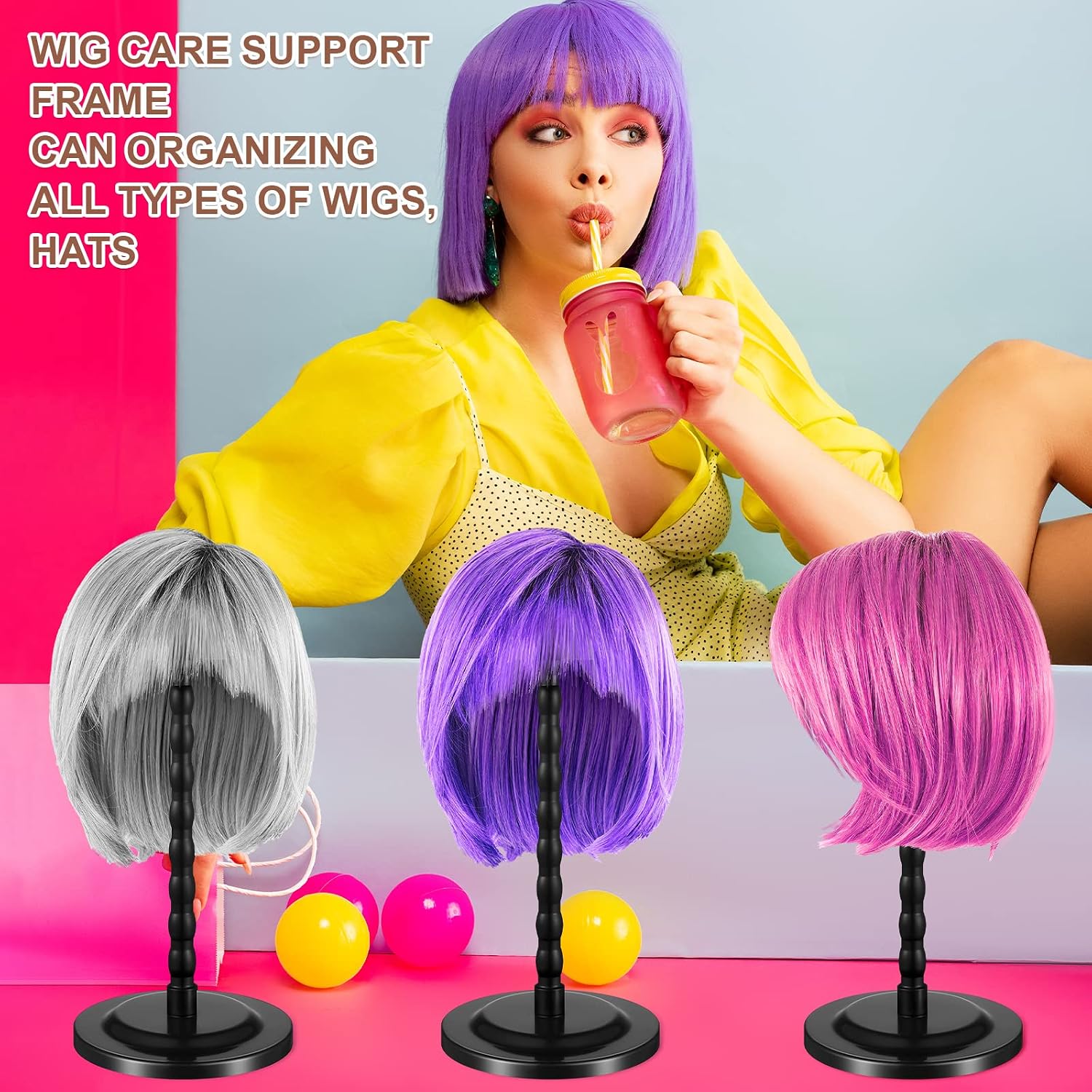 Reginary - Supporto per parrucche a 8 pezzi, testa di manichino da 35 cm, portatile, espositore per cappelli, supporto da viaggio per parrucche, antiscivolo (nero)_voghion.com