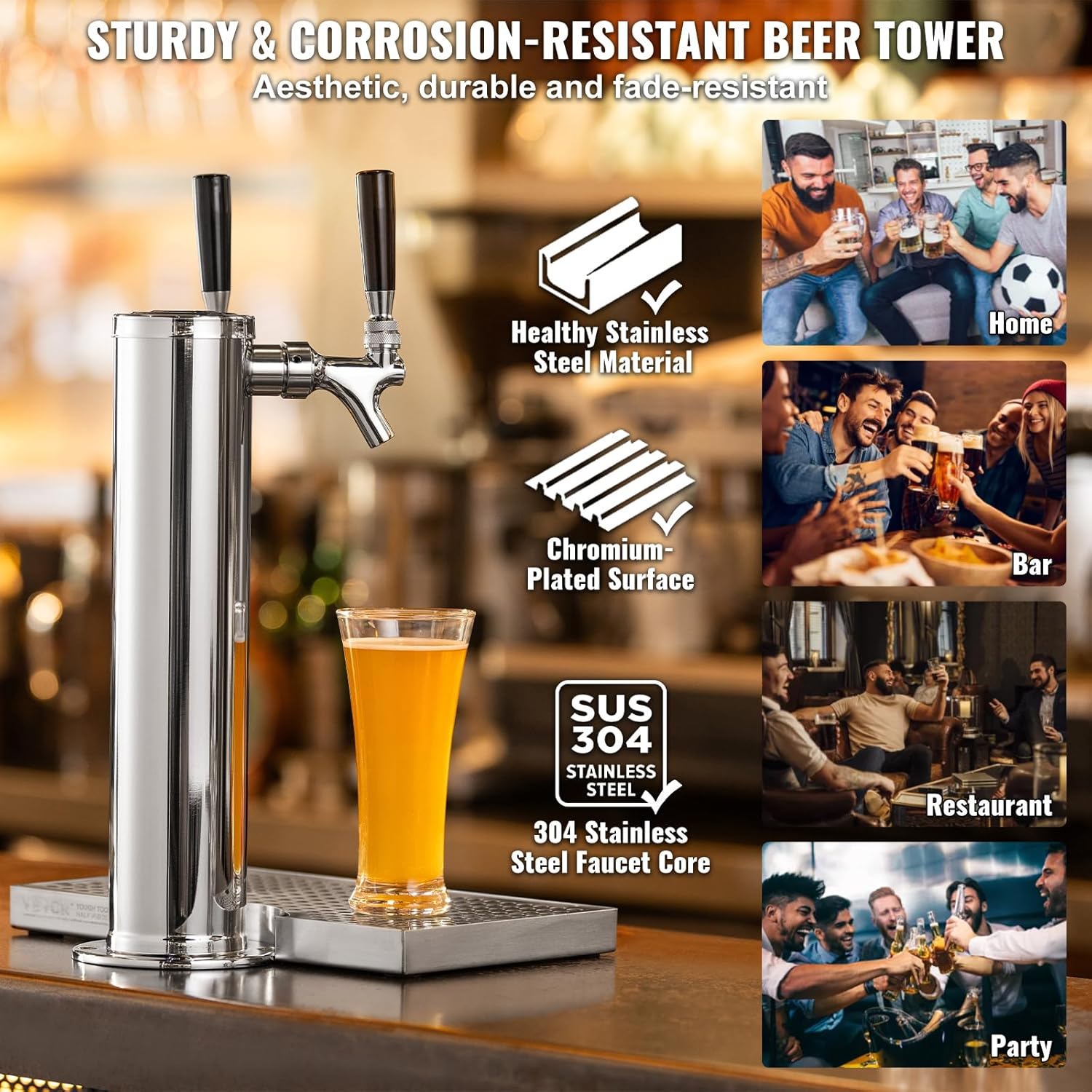 VEVOR Dispenser a torre per birra alla spina a doppio rubinetto, torre per birra in fusto in acciaio inox, kit torre kegerator con tubi preassemblati e chiusura automatica_voghion.com