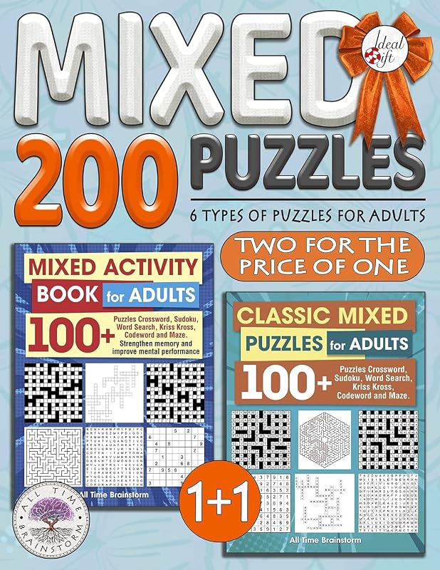 200 Mixed Puzzles: 6 Types of Puzzles for Adults. Gift Beneficial SET 2 Books in 1 (Sets of books) by All Time Brainstorm