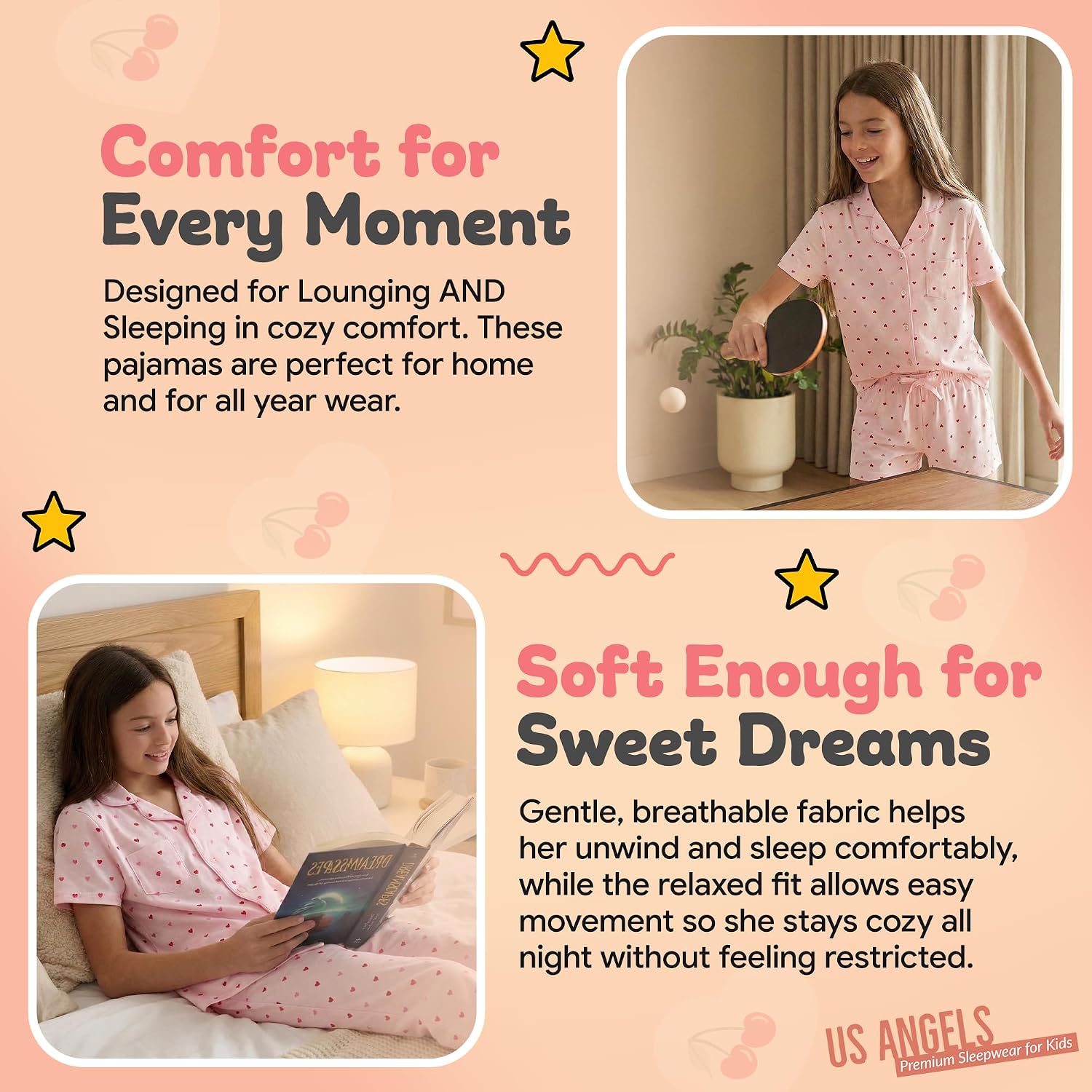 US Angels Girls Pajama Set 3 Piece, Short Sleeve Button Down PJs With Shorts & Pants, Soft Sleepwear Girls & Tweens Size 5-16_voghion.com