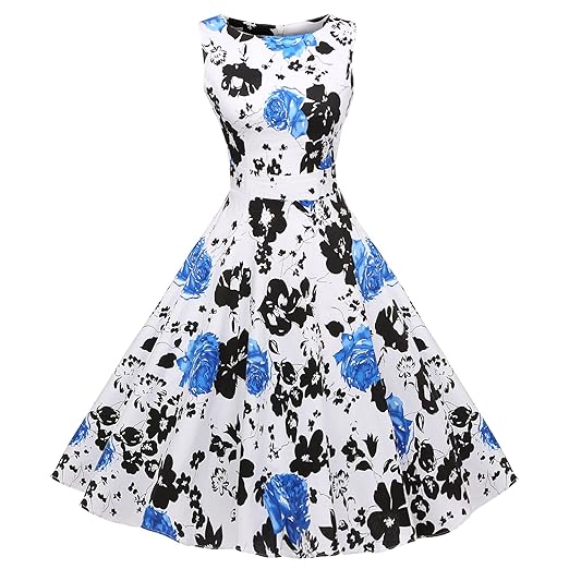 ACEVOG Vintage 1950's Floral Spring Garden Party Picnic Dress Party Cocktail Dress (M, Blue)