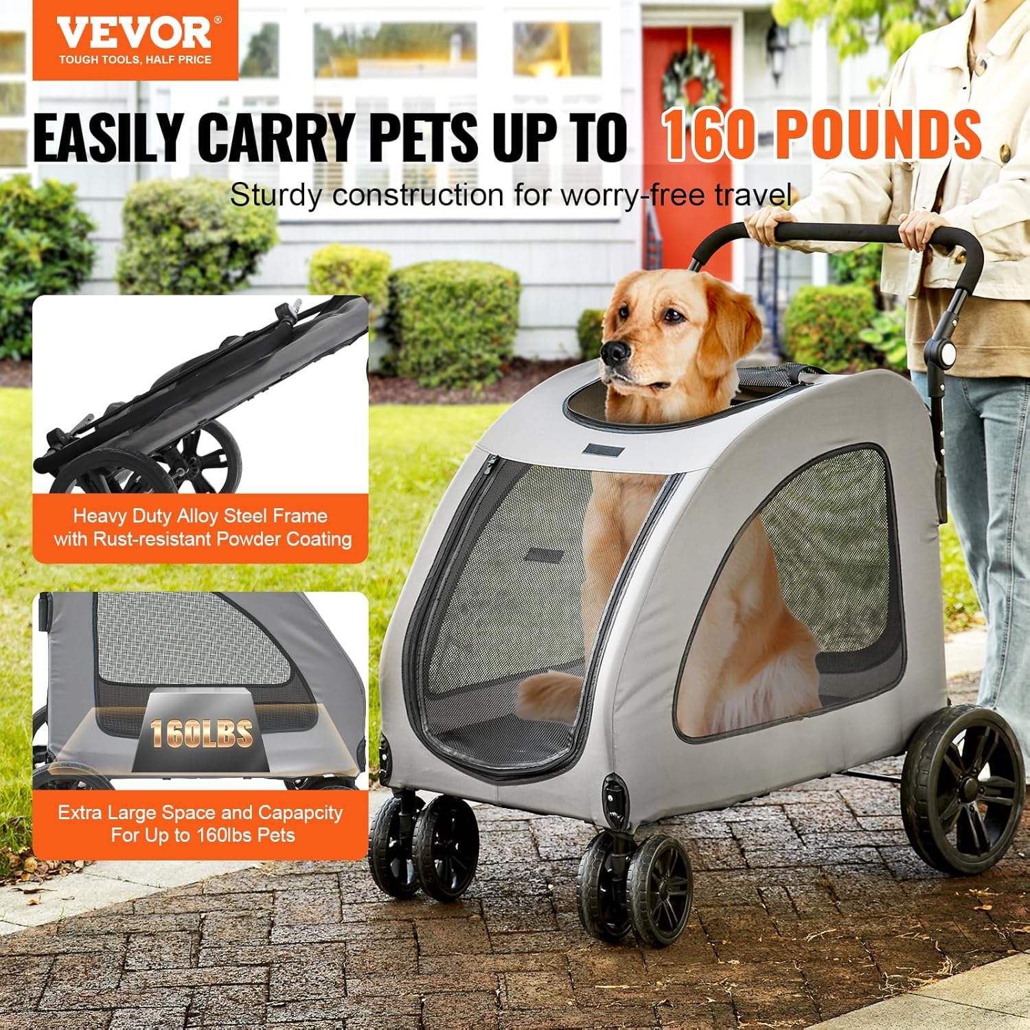 VEVOR Extra Large Dog Stroller For Dogs Up To 160lbs, 4 Wheel Handle-Adjustable Pet Stroller For Large Dog, Jogging Carriage For 2 Dogs_voghion.com