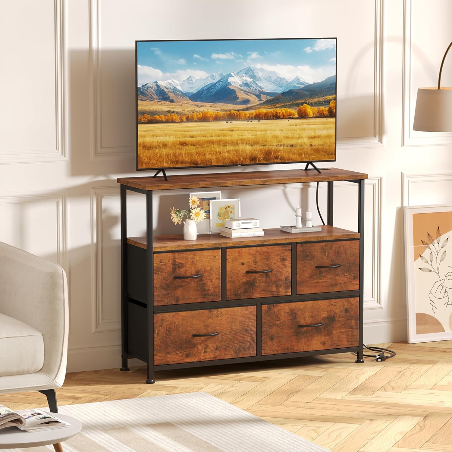 TV Stand Dresser with 5 Fabric Storage Drawers Media Console Charging Station | eBay TV Stand Dresser with 5 Fabric Storage Drawers Media Console Charging Station | eBay
