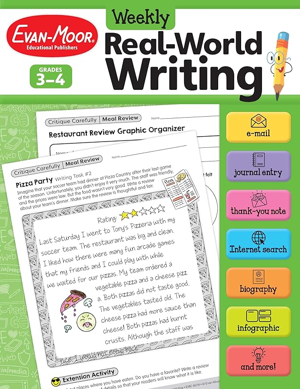 Evan-Moor Weekly Real-World Writing, Grades 3-4 Homeschooling & Classroom Resource, Reproducible Worksheets, Thank You Notes, Internet Search, Emails, ... Web Pages, Journal, Hands-on Activities by Evan-Moor Educational Publishers