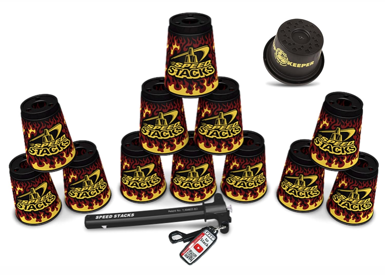 

Speed Stacks Custom Combo Set: 12 Limited Edition BLACK FLAME Cups, Cup Keeper, Quick Release Stem