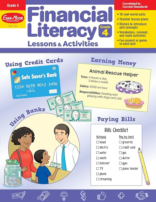 Evan-Moor Financial Literacy Lessons and Activities, Grade 4, Homeschool and Classroom Resource Workbook, Learn about Money, Earning, Paying, Buying, ... (Financial Literacy Lessons & Activities) by Evan-Moor Educational Publishers