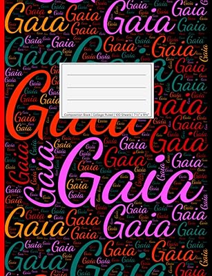 Gaia: College Ruled Composition Book, 200 pages, size 7.44" x 9.69", white paper with light grey lines, Personalized soft black cover filled with ... sizes, colors, directions and a red spline.
